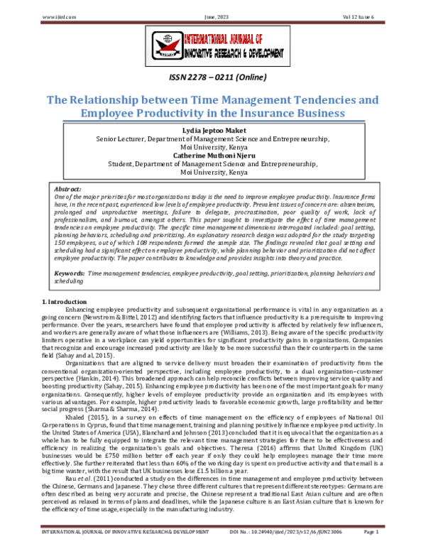 The Relationship between Time Management Tendencies and Employee Productivity in the Insurance Business