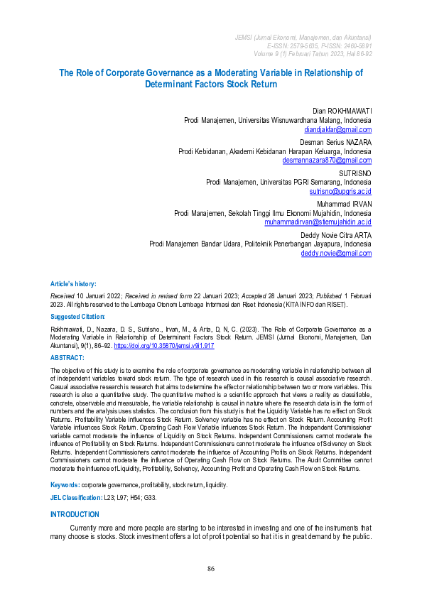 (PDF) The Role of Corporate Governance as a Moderating Variable in ...