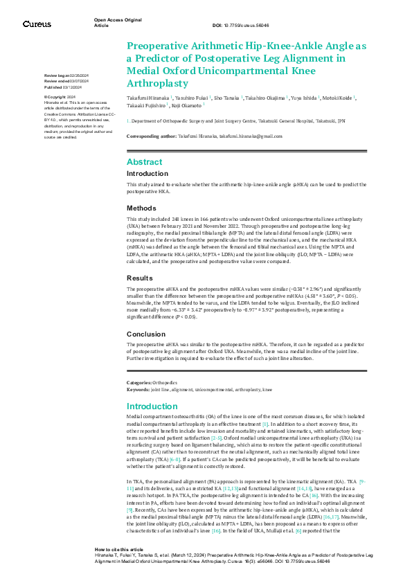 (PDF) Preoperative Arithmetic Hip-Knee-Ankle Angle as a Predictor of ...