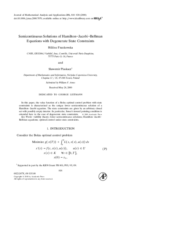 (PDF) Semicontinuous Solutions of Hamilton–Jacobi–Bellman Equations ...