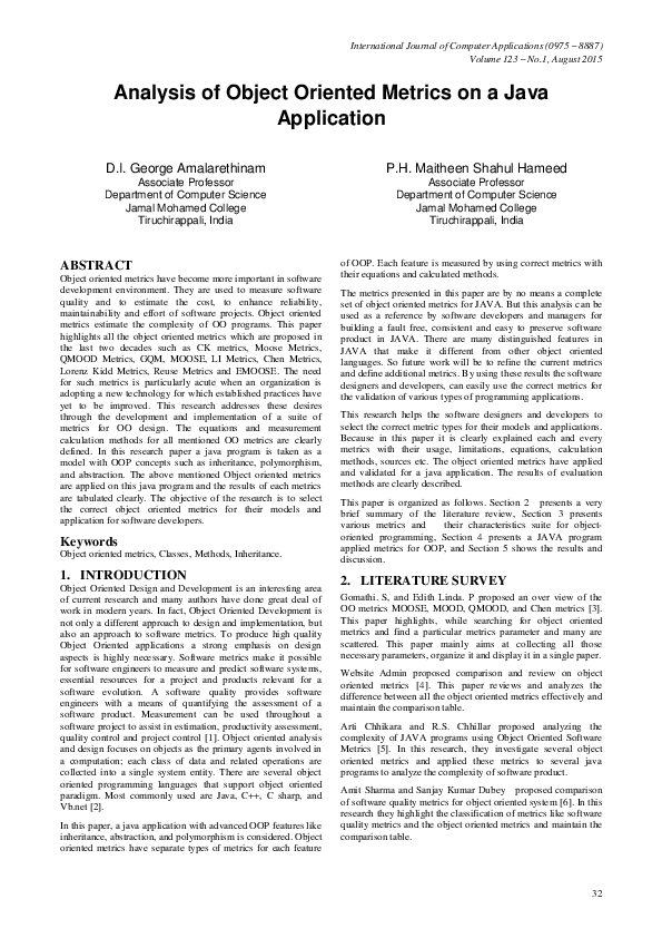 (PDF) Analysis of Object Oriented Metrics on a Java Application