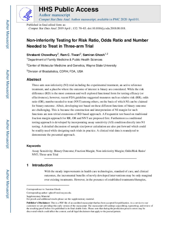 (PDF) Non-inferiority testing for risk ratio, odds ratio and number ...