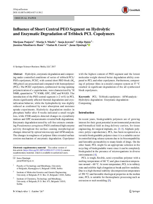 (PDF) Influence of Short Central PEO Segment on Hydrolytic and ...