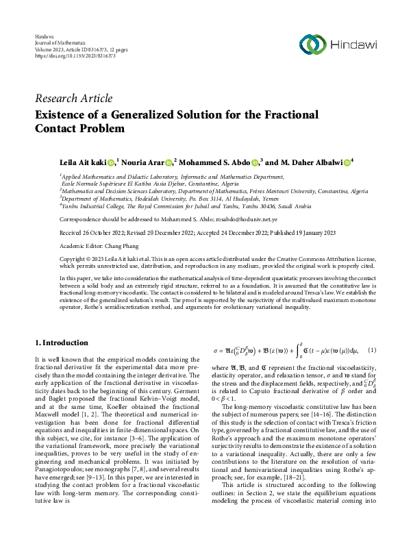 (PDF) Existence of a Generalized Solution for the Fractional Contact ...