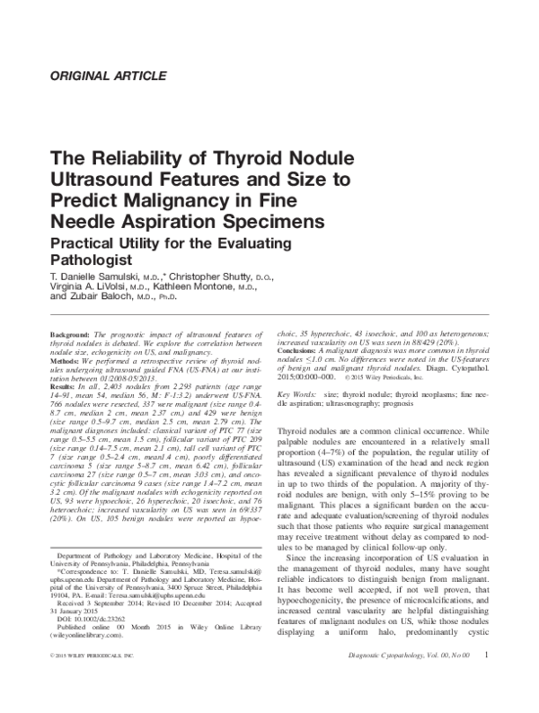 (PDF) The reliability of thyroid nodule ultrasound features and size to ...