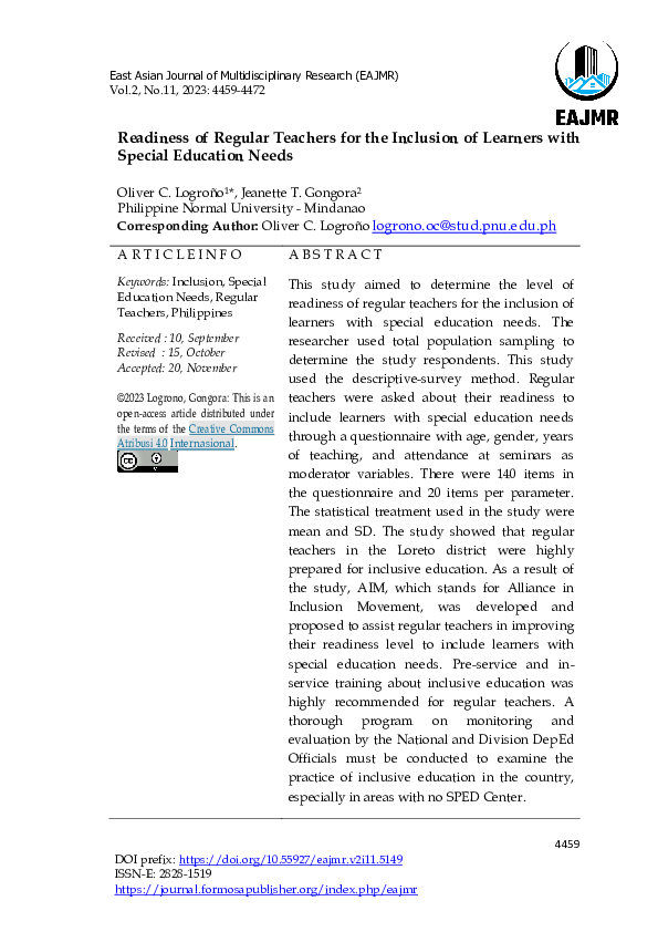 (PDF) Readiness of Regular Teachers for the Inclusion of Learners with ...