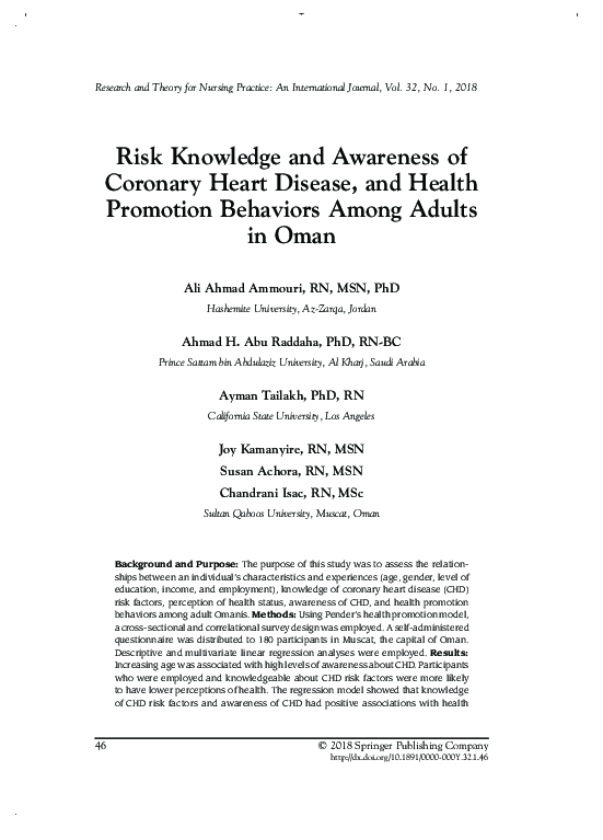 (PDF) Risk Knowledge and Awareness of Coronary Heart Disease, and ...