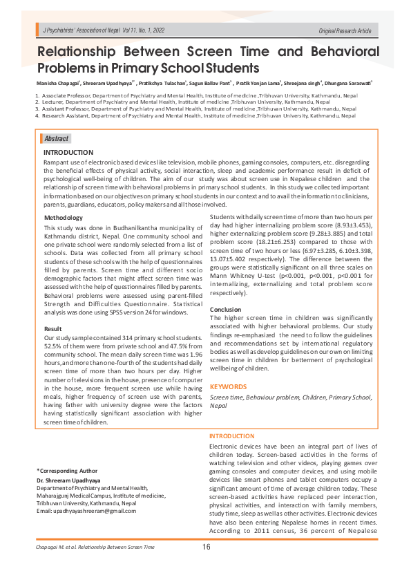 (PDF) Relationship Between Screen Time and Behavioral Problems in ...