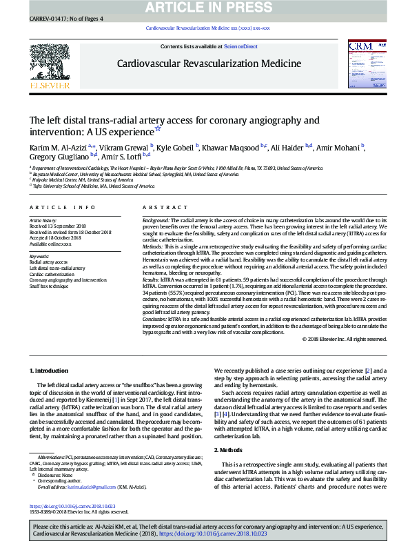 (PDF) The Left Distal Transradial Artery Access for Coronary ...
