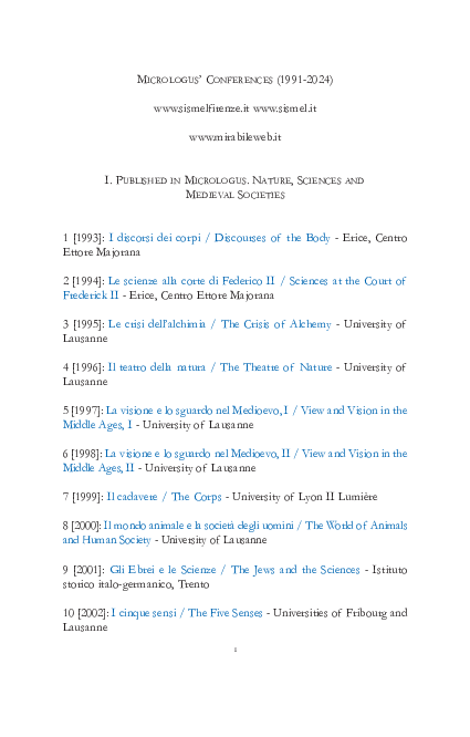 Micrologus Conferences (1991-2024) published (1-32) in Micrologus. Nature, Sciences and Medieval Societies and (33-52) in Micrologus Library. Interactive list