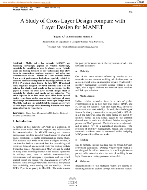 (PDF) A Study of Cross Layer Design compare with Layer Design for MANET
