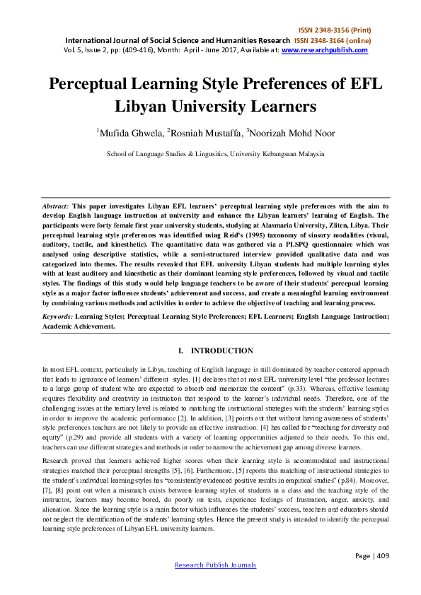 (PDF) Perceptual Learning Style Preferences of EFL Libyan University ...