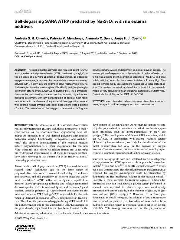 Self‐degassing SARA ATRP mediated by Na2S2O4 with no external additives
