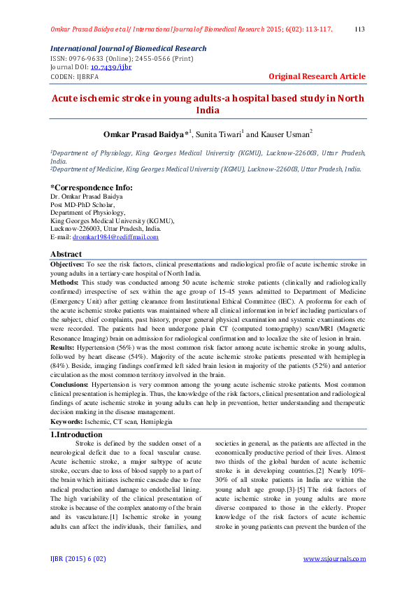 (PDF) Acute ischemic stroke in young adults-a hospital based study in ...