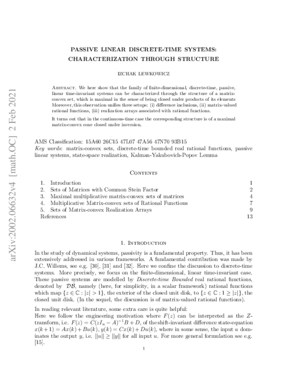 (PDF) Passive Linear Discrete-Time Systems: Characterization through ...