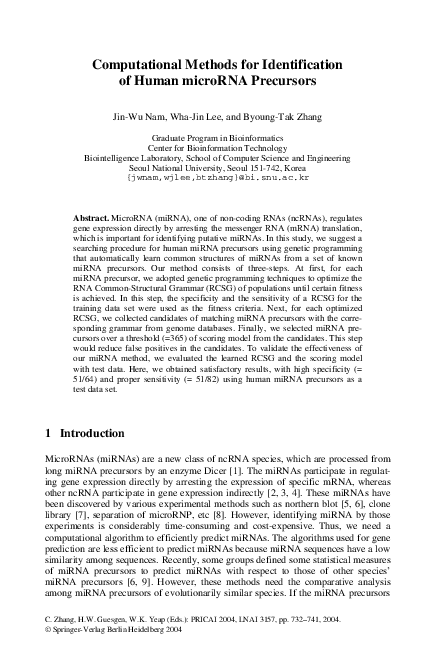 (PDF) Computational Methods for Identification of Human microRNA Precursors
