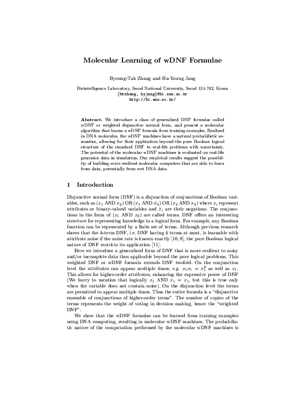 (PDF) Molecular Learning of wDNF Formulae