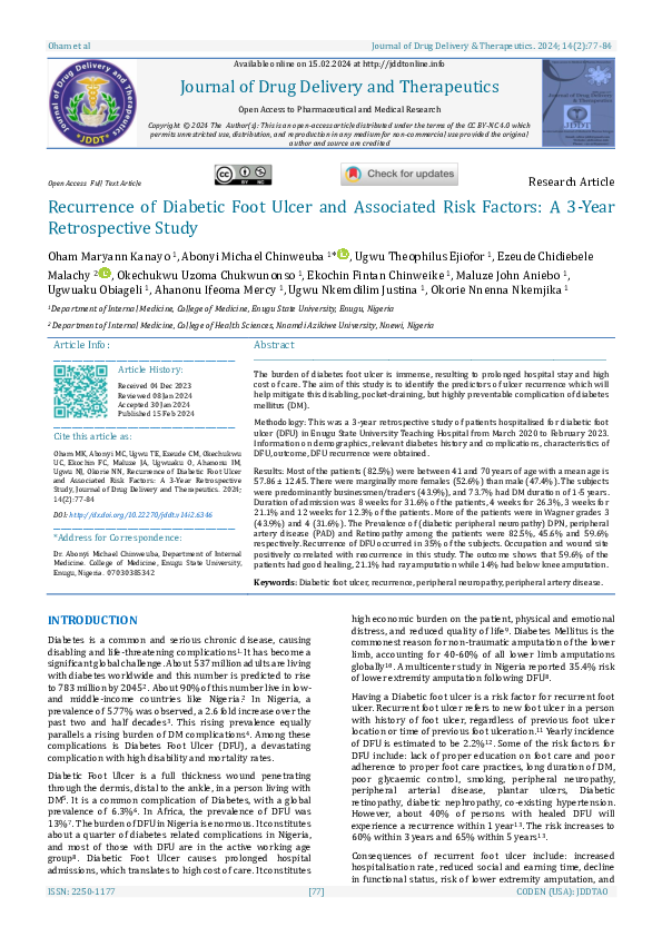 (PDF) Recurrence of Diabetic Foot Ulcer and Associated Risk Factors: A ...