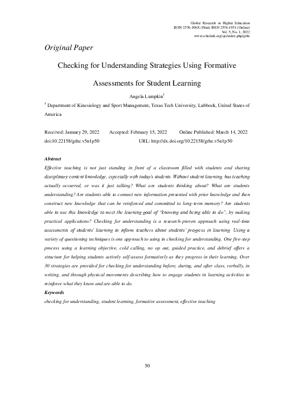 (PDF) Checking for Understanding Strategies Using Formative Assessments ...