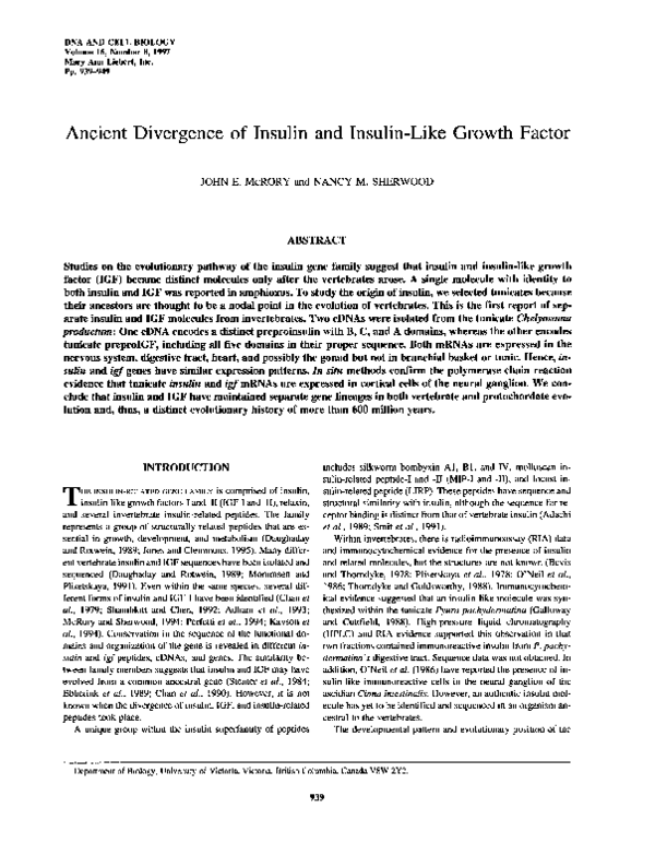 (PDF) Ancient Divergence of Insulin and Insulin-Like Growth Factor