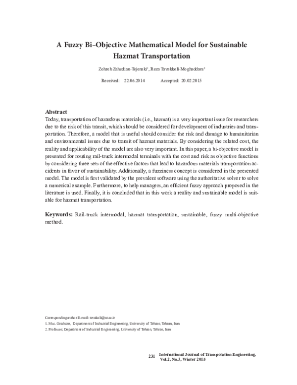 (PDF) A Fuzzy Bi-Objective Mathematical Model for Sustainable Hazmat ...