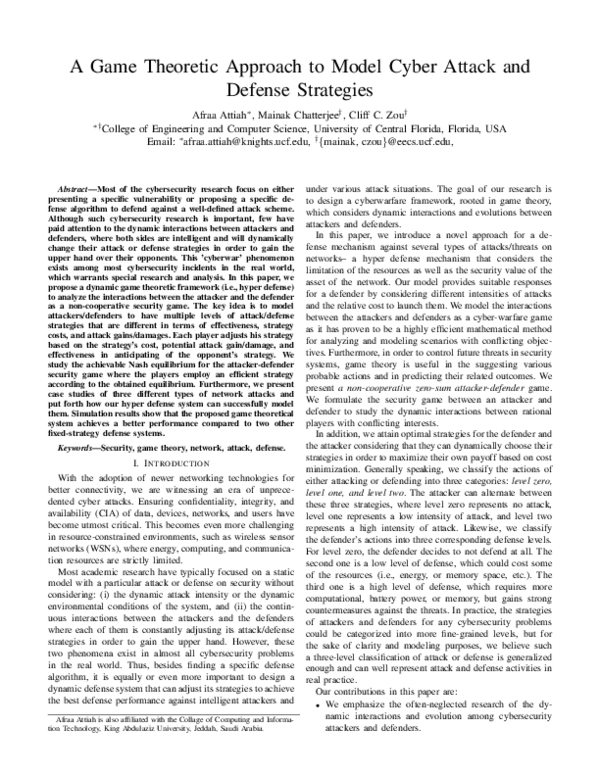 (PDF) A Game Theoretic Approach to Model Cyber Attack and Defense ...