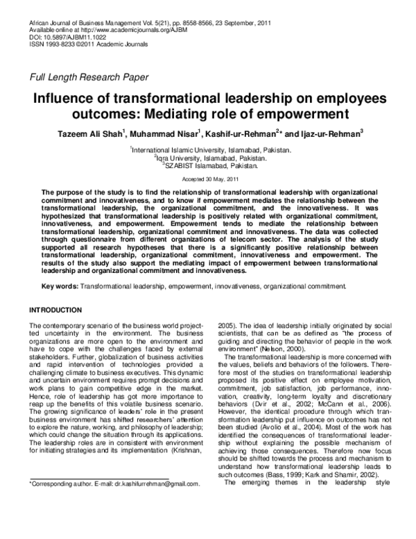 (PDF) Influence of transformational leadership on employees outcomes ...