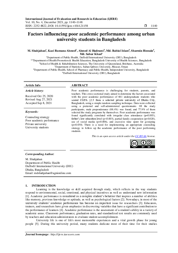 (PDF) Factors influencing poor academic performance among urban ...