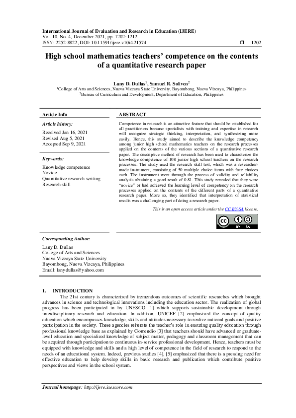 (PDF) High school mathematics teachers’ competence on the contents of a ...