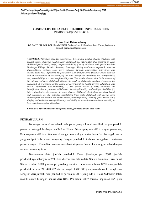 (PDF) Case Study of Early Childhood Special Needs in Sidoharjo Village ...