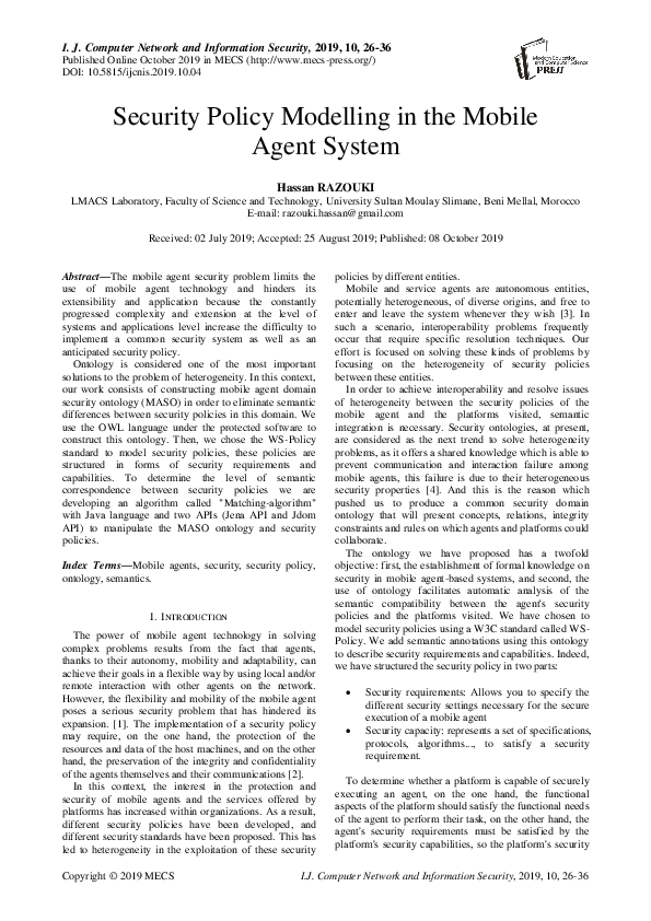 (PDF) Security Policy Modelling in the Mobile Agent System