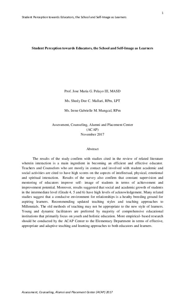 (PDF) Student Perception towards Educators, the School and Self-Image ...
