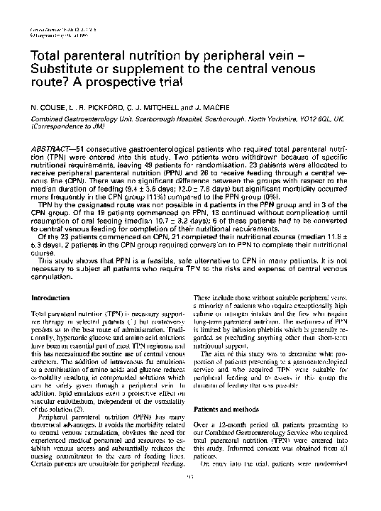 (PDF) Total parenteral nutrition by peripheral vein — Substitute or ...