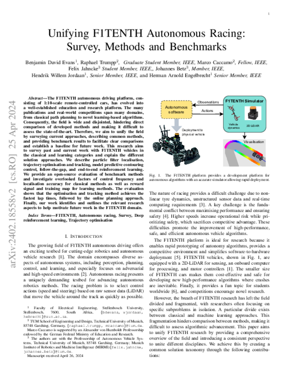 (PDF) Unifying F1TENTH Autonomous Racing: Survey, Methods and Benchmarks