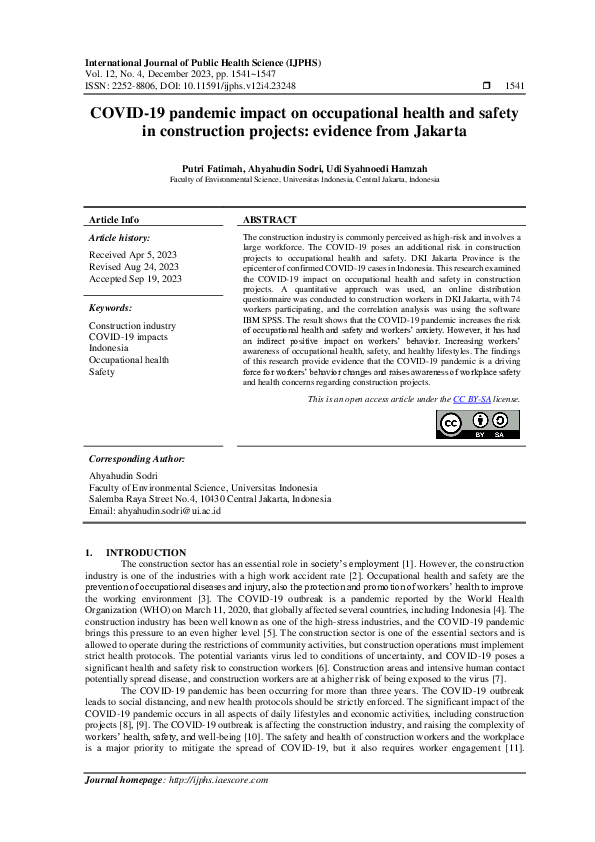 (PDF) COVID-19 pandemic impact on occupational health and safety in ...