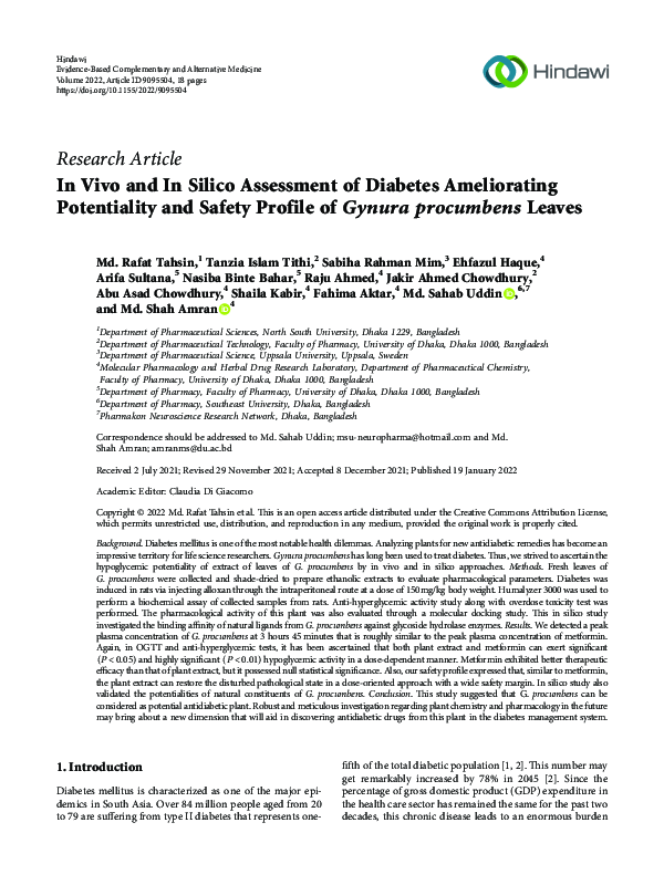(PDF) In Vivo and In Silico Assessment of Diabetes Ameliorating ...