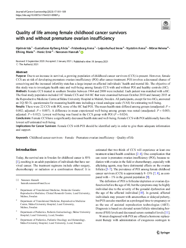 (PDF) Quality of life among female childhood cancer survivors with and ...