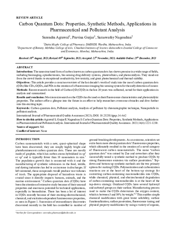 (PDF) Carbon Quantum Dots: Properties, Synthetic Methods, Applications ...