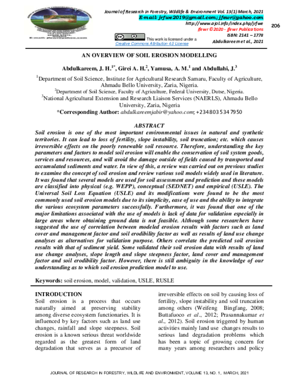 (PDF) An overview of soil erosion modelling