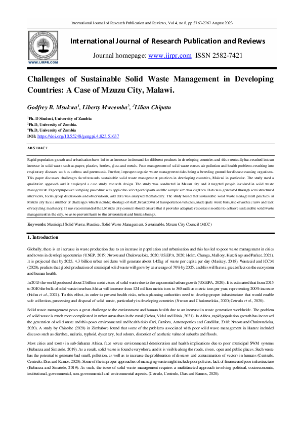 (PDF) Challenges of Sustainable Solid Waste Management in Developing ...