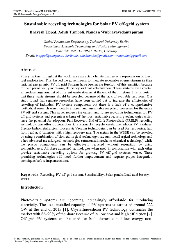 Curated visual reference: Visual Reference: Pdf Sustainable Recycling Technologies For Solar Pv Off Grid System
