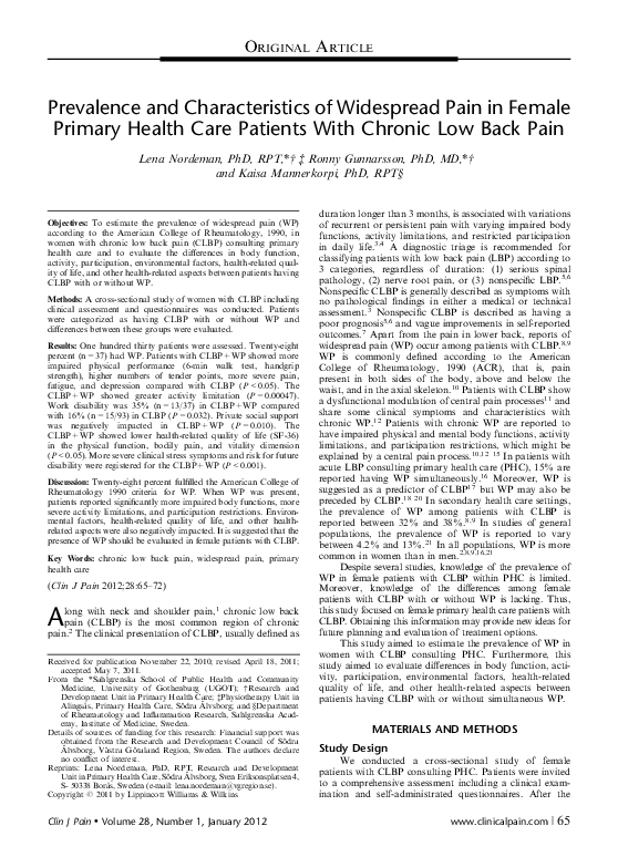 (PDF) Prevalence and Characteristics of Widespread Pain in Female ...