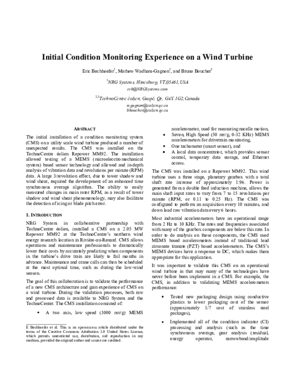 (PDF) Initial Condition Monitoring Experience on a Wind Turbine