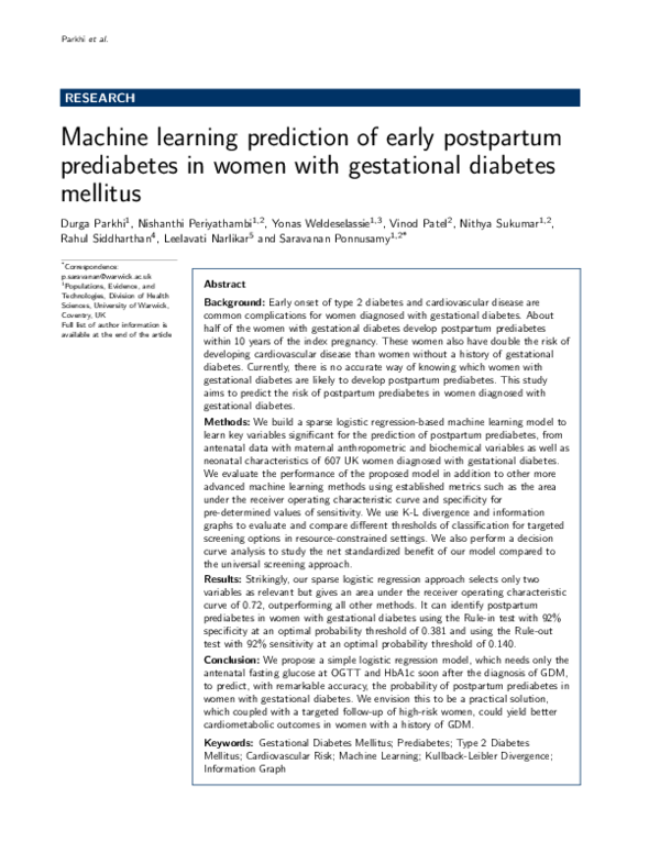 (PDF) Machine learning prediction of early postpartum prediabetes in ...