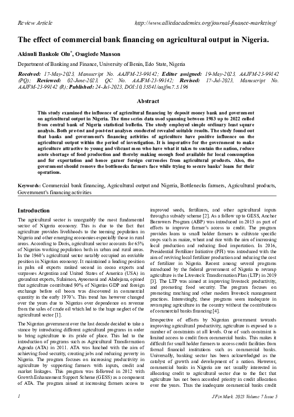 (PDF) The effect of commercial bank financing on agricultural output in ...