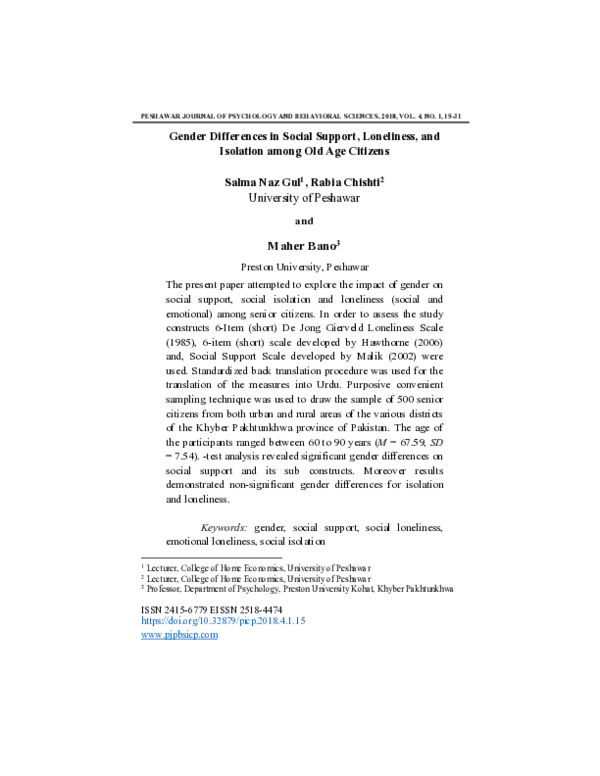 (PDF) Gender Differences in Social Support, Loneliness, and Isolation ...