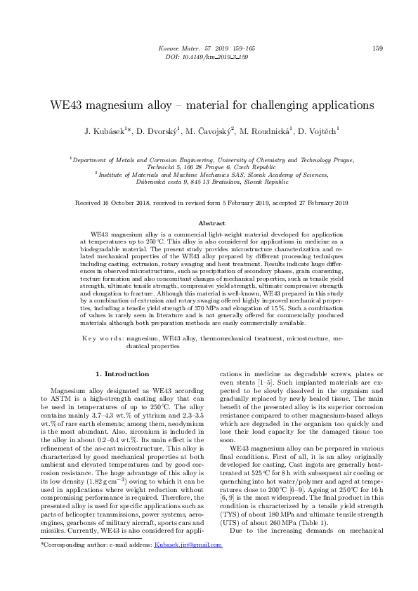 (PDF) WE43 magnesium alloy – material for challenging applications