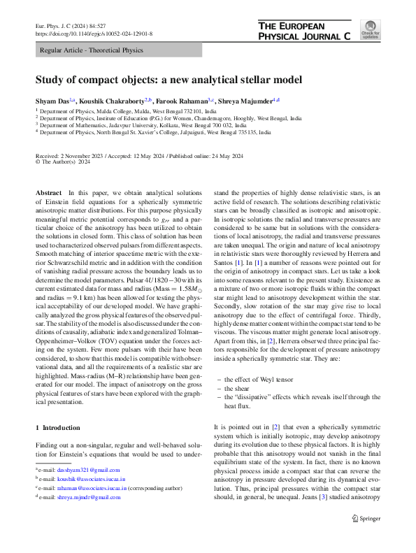 (PDF) Study of compact objects: a new analytical stellar model