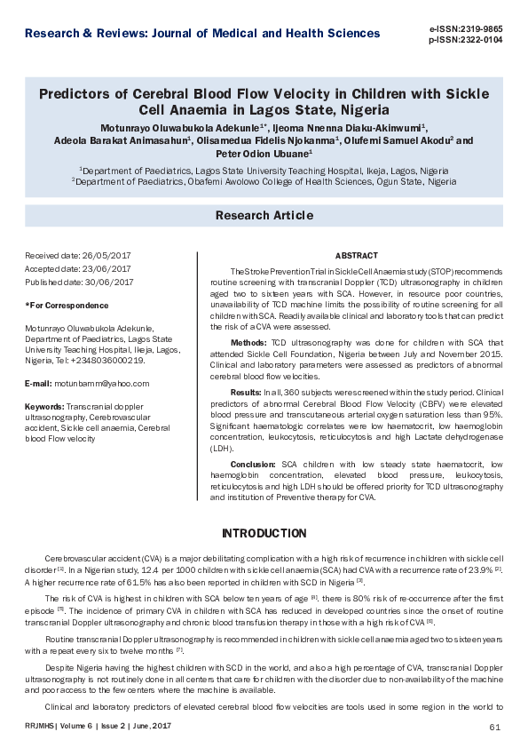 (PDF) Predictors of Cerebral Blood Flow Velocity in Children with ...