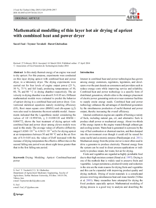(PDF) Mathematical modelling of thin layer hot air drying of apricot ...